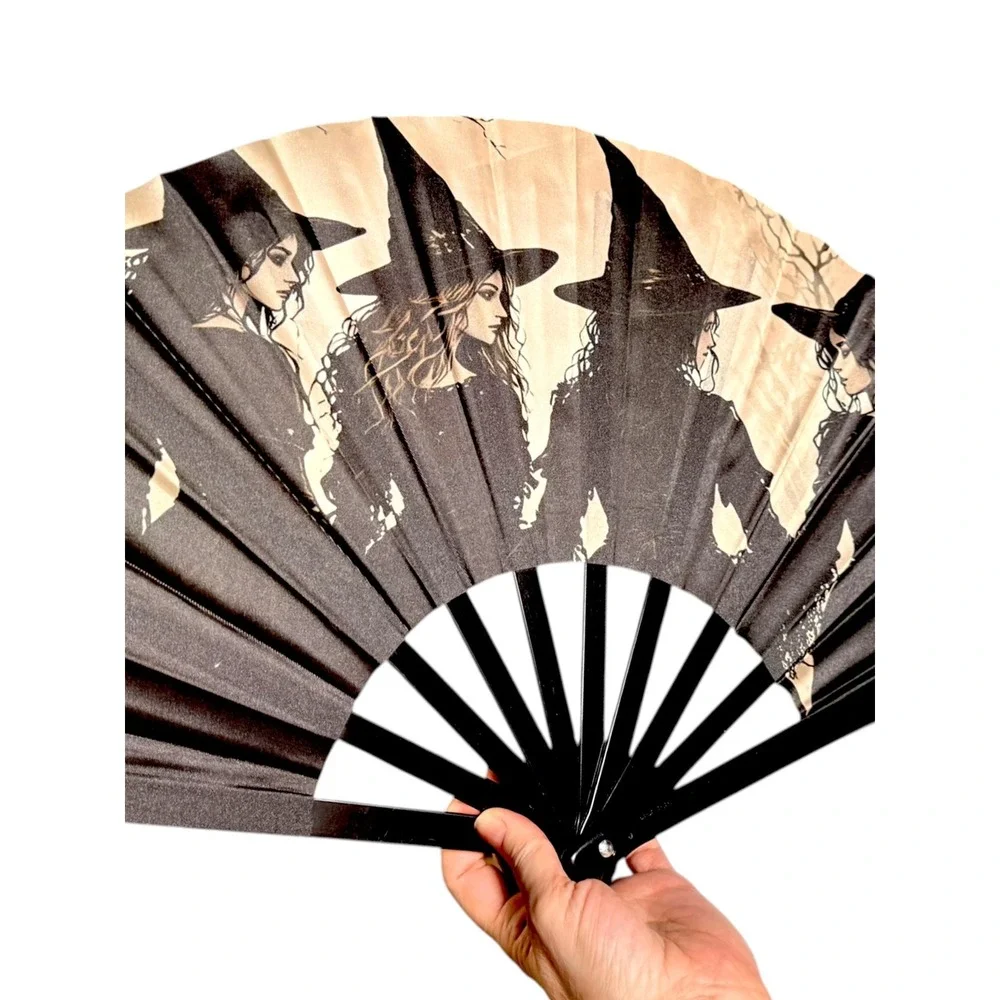 Witch Coven Accordion Hand Fan Large Gothic Black Tan Festival Halloween Prop
